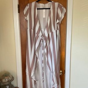 OC Orderplus Duster Open Front with Tie White with Mauve Stripes Size XL